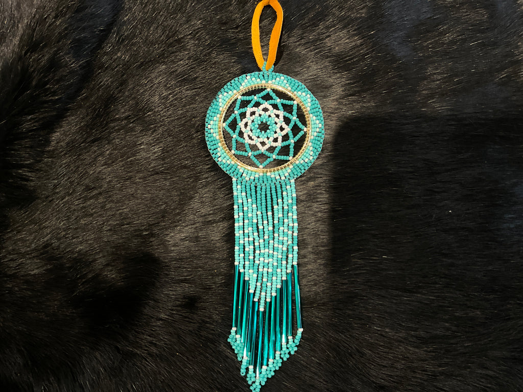 blue and white beaded dream catcher