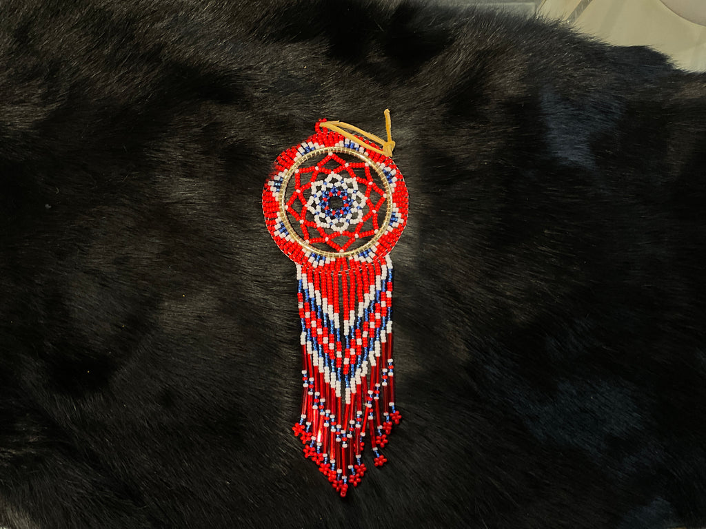 blue, red, white beaded dream catcher