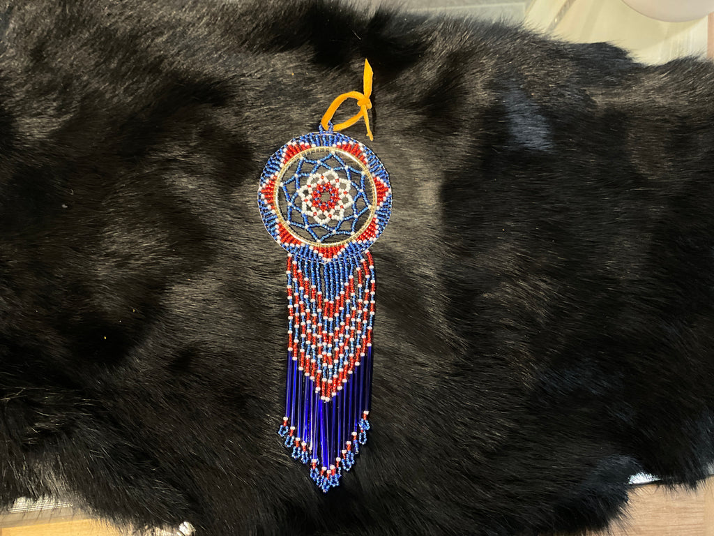 blue, red, white beaded dream catcher