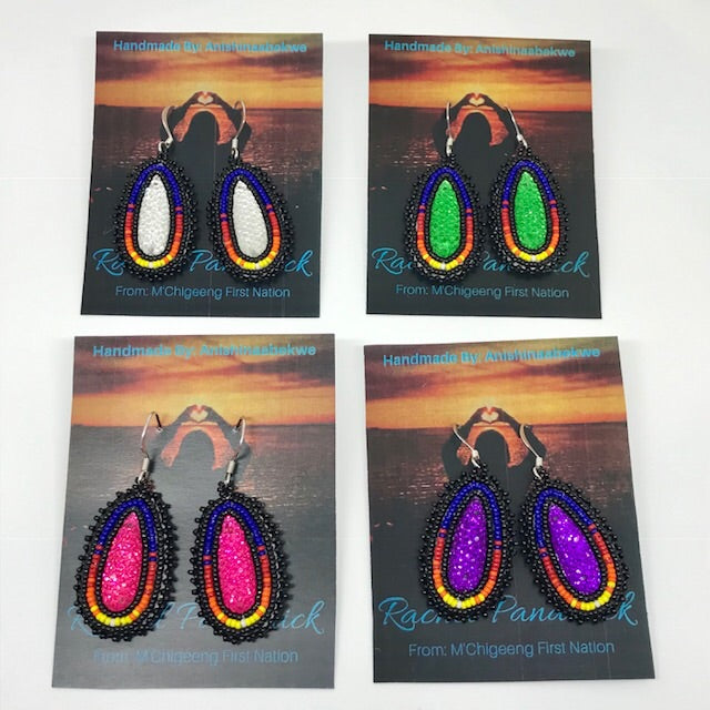 Beaded sew on earrings with glittery cabochon