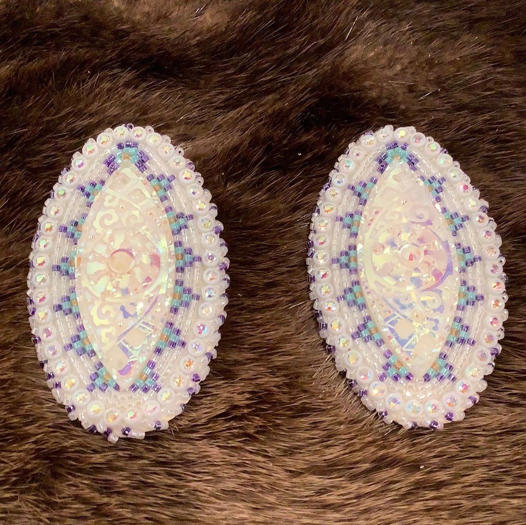 White and blue large oval earrings