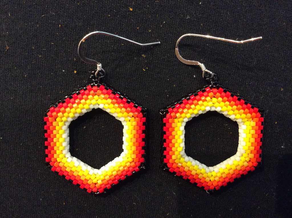 Fire colours hollow hexagon earrings