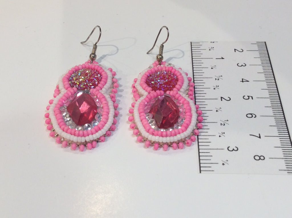 Pink circle and tear drop gem earrings