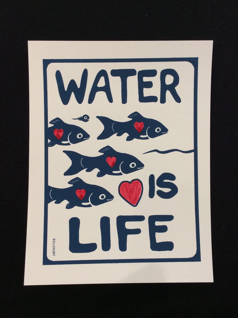 “Water is Life” -fishes,silk screen print in Dark blue